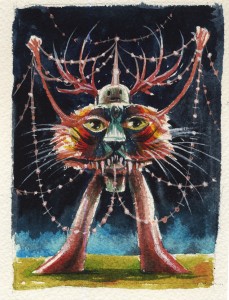 Jeff Soto -  <strong>Lyon</strong> (2016<strong style = 'color:#635a27'></strong>)<bR /> watercolor on Arches paper,
4.5 x 3.5 inches,
(11.4 x 8.9 cm)