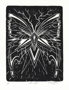 Jeff Soto -  <strong>New Wings edition 3/8 and 5/8</strong> (2016<strong style = 'color:#635a27'></strong>)<bR /> relief print on Arches paper,
15 x 11 inches,
(38.1 x 27.9 cm)