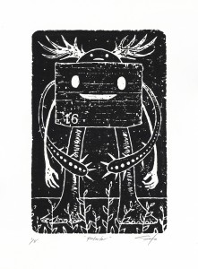 Jeff Soto -  <strong>Protector edition 3/8 and 5/8</strong> (2016<strong style = 'color:#635a27'></strong>)<bR /> relief print on Arches paper, 
12 x 9 inches,
(30.5 x 22.9 cm)