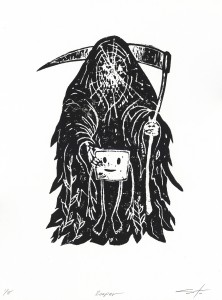 Jeff Soto -  <strong>Reaper edition 5/8</strong> (2016<strong style = 'color:#635a27'></strong>)<bR /> relief print on Arches paper, 
12 x 9 inches,
(30.5 x 22.9 cm)