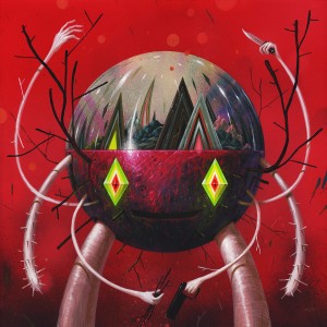 Jeff Soto -  <strong>Red Terrarium Keeper</strong> (2016<strong style = 'color:#635a27'></strong>)<bR /> acrylic on wood (framed),
19.75 x 19.75 inches,
(50.2 x 50.2 cm),
framed: 21 x 21 inches,
(53.3 x 53.3 cm)