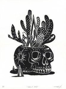 Jeff Soto -  <strong>Skull Pot edition 3/8 and 5/8</strong> (2016<strong style = 'color:#635a27'></strong>)<bR /> relief print on Arches paper, 
15 x 11 inches,
(38.1 x 27.9 cm)