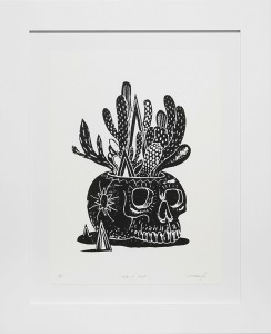 Jeff Soto -  <strong>Skull Pot edition 1/8</strong> (2016<strong style = 'color:#635a27'></strong>)<bR /> relief print on Arches paper, 
15 x 11 inches,
(38.1 x 27.9 cm),
framed: 21.5 x 17.5 inches,
(54.6 x 44.5 cm)