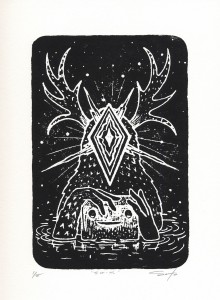 Jeff Soto -  <strong>Swim edition 3/8 and 5/8</strong> (2016<strong style = 'color:#635a27'></strong>)<bR /> relief print on Arches paper, 
12 x 9 inches,
(30.5 x 22.9 cm)
