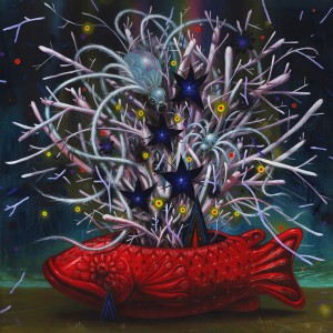 Jeff Soto -  <strong>The Magic Message</strong> (2016<strong style = 'color:#635a27'></strong>)<bR /> acrylic on wood (framed),
36 x 36 inches,
(91.4 x 91.4 cm),
framed: 37.25 x 37.25 inches,
(94.6 x 94.6 cm)
$7,000