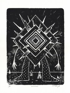 Jeff Soto -  <strong>Wormhole edition 3/8 and 5/8</strong> (2016<strong style = 'color:#635a27'></strong>)<bR /> relief print on Arches paper, 
15 x 11 inches,
(38.1 x 27.9 cm)