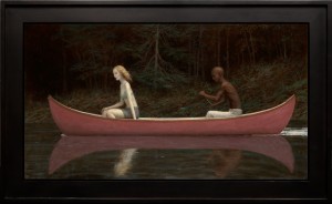 Aron Wiesenfeld -  <strong>Canoe</strong> (2016<strong style = 'color:#635a27'></strong>)<bR /> oil on canvas, 
23 x 42 inches,
(58.42 x 106.68 cm),
framed: 30 x 49 inches,
(76.2 x 124.46 cm)
$15,000