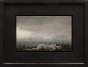 Aron Wiesenfeld -  <strong>The Field</strong> (2016<strong style = 'color:#635a27'></strong>)<bR /> oil on canvas,
7.5 x 12 inches,
(19.05 x 30.48 cm),
framed: 14.5 x 19 inches 
(36.83 x 48.26 cm)
$4,500