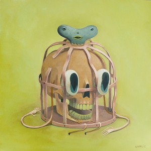 Charlie Immer -  <strong>Caged</strong> (2016<strong style = 'color:#635a27'></strong>)<bR /> oil on paper mounted on board,
12 x 12 inches,
(30.48 x 30.48 cm)

