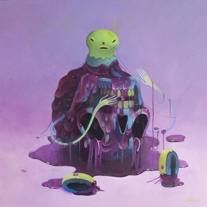 Charlie Immer -  <strong>Slimed</strong> (2016<strong style = 'color:#635a27'></strong>)<bR /> oil on paper mounted on board,
12 x 12 inches,
(30.48 x 30.48 cm)
