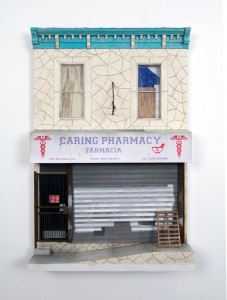 Drew Leshko -  <strong>Caring Pharmacy</strong> (2016<strong style = 'color:#635a27'></strong>)<bR /> paper, enamel, acrylic, dry pigments, plastic, wire, plaster, inkjet prints, wood,
24 x 16 x 3 inches,
(60.96 x 40.64 x 7.62 cm)
<strong>SOLD</strong>