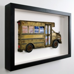 Drew Leshko -  <strong>Small School Bus (side)</strong> (2016<strong style = 'color:#635a27'></strong>)<bR /> paper, enamel, dry pigments, acrylic, plastic, wire, clay, inkjet prints, toy hubcaps. Framed in shadowbox without glass,
16 x 24.62 x 3 inches,
(40.64 x 62.53 x 7.62 cm)
<strong>SOLD</strong>