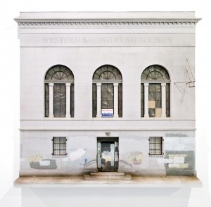 Drew Leshko -  <strong>Western Saving Fund Society</strong> (2016<strong style = 'color:#635a27'></strong>)<bR /> paper, enamel, acrylic, dry pigments, plastic, wire, plaster, inkjet prints, wood,
43 x 39 x 7 inches,
(109.22 x 99.06 x 17.78 cm)
