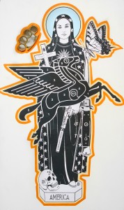 Dylan Egon -  <strong>58 Saint</strong> (2016<strong style = 'color:#635a27'></strong>)<bR /> wheat paste with acrylic, brass knuckles, on birch board,
30 x 18 inches,
(76.2 x 45.72 cm)