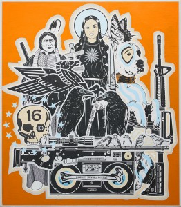 Dylan Egon -  <strong>The Ark</strong> (2016<strong style = 'color:#635a27'></strong>)<bR /> wheat paste with acrylic and gold leaf on birch board,
32 x 28 inches,
(81.28 x 71.12 cm)
<strong>SOLD</strong>