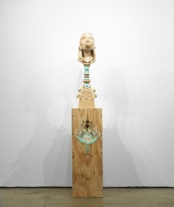 Gary Mellon -  <strong>#11</strong> (2015<strong style = 'color:#635a27'></strong>)<bR /> wood, acrylic paint,
33 x 10 x 10 inches,
(83.82 x 25.4 x 25.4 cm),
pedestal: 35 x 12 x 12 inches,
(88.9 x 30.48 x 30.48 cm)
