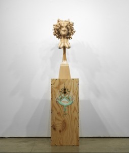 Gary Mellon -  <strong>#12</strong> (2015<strong style = 'color:#635a27'></strong>)<bR /> wood, acrylic paint,
34 x 13 x 13 inches,
(86.36 x 33.02 x 33.02 cm),
pedestal: 35 x 15 x 15 inches,
(88.9 x 38.1 x 38.1 cm)
