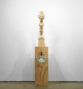 Gary Mellon -  <strong>#7</strong> (2015<strong style = 'color:#635a27'></strong>)<bR /> wood, acrylic paint,
33 x 10 x 10 inches,
(83.82 x 25.4 x 25.4 cm),
pedestal: 35 x 12 x 12 inches,
(88.9 x 30.48 x 30.48 cm)
