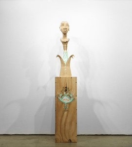 Gary Mellon -  <strong>#8</strong> (2015<strong style = 'color:#635a27'></strong>)<bR /> wood, acrylic paint,
33 x 10 x 10 inches,
(83.82 x 25.4 x 25.4 cm),
pedestal: 35 x 12 x 12 inches,
(88.9 x 30.48 x 30.48 cm)
