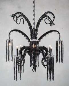 Adam Wallacavage -  <strong>Black Chandelier</strong> (2015<strong style = 'color:#635a27'></strong>)<bR /> lamp parts, vintage glass bobeches, glass beads, epoxy clay, epoxy resin, spray paint,
25 x 37 inches,
(63.5 x 93.98 cm)
$11,000
