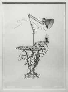 Armando Veve -  <strong>Pizza Table</strong> (2015<strong style = 'color:#635a27'></strong>)<bR /> graphite on paper,
30 x 22 inches,
(76.2 x 55.9 cm),
framed: 32.6 x 24 inches,
(82.8 x 61 cm)