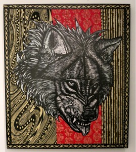 Dennis McNett -  <strong>Fenris</strong> (2013<strong style = 'color:#635a27'></strong>)<bR /> hand-colored silkscreen collage on woodcut panel,
30 x 26 inches,
(76.2 x 66.04 cm)
$1,600