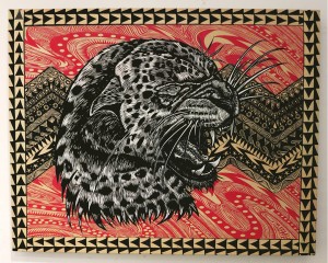 Dennis McNett -  <strong>Leopard Profile</strong> (2013<strong style = 'color:#635a27'></strong>)<bR /> hand-colored silkscreen collage on woodcut panel,
22 x 28 inches,
(55.88 x 71.12 cm)
$1,200