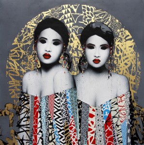 Hush -  <strong>Hypnotize</strong> (2016<strong style = 'color:#635a27'></strong>)<bR /> acrylic, spray paint, screen print and 22kt gold leaf on linen,
56 x 56 inches,
(142.24 x 142.24 cm)