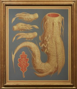 Peter Ferguson -  <strong>AR with Larval Spawn</strong> (2016<strong style = 'color:#635a27'></strong>)<bR /> oil on panel,
26 x 22 inches,
(66 x 55.9 cm),
framed: 29.5 x 25.5 inches,
(74.9 x 64.8 cm)