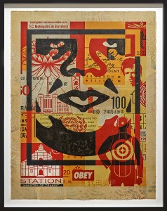 Shepard Fairey -  <strong>Icon Collage (Middle) edition 3/10</strong> (2016<strong style = 'color:#635a27'></strong>)<bR /> silkscreen and mixed media collage on paper, HPM. Framed. 
38.75 x 30 inches,
(98.42 x 76.2 cm)