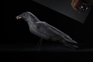 Haroshi -  <strong>Never Rust Male Crow (side)</strong> (2015<strong style = 'color:#635a27'></strong>)<bR /> antique paper mache, skateboard, screw,
15.5 x 18.5 x 3 inches,
(39.37 x 46.99 x 7.62 cm)