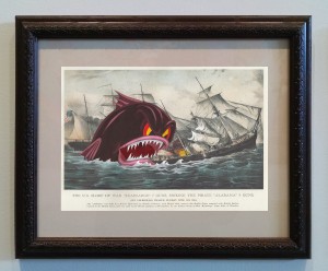 Victor Castillo -  <strong>The US Sloop of War</strong> (2017<strong style = 'color:#635a27'></strong>)<bR /> gouache on paper in vintage frame, 
Framed: 13.87 x 11.25 inches,
(35.22 x 28.57 cm)