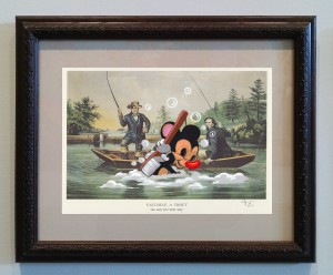 Victor Castillo -  <strong>Catching a Trout</strong> (2017<strong style = 'color:#635a27'></strong>)<bR /> gouache on paper in vintage frame, 
Framed: 13.87 x 11.25 inches,
(35.22 x 28.57 cm)