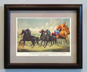 Victor Castillo -  <strong>The Celebrated Stallion Team</strong> (2017<strong style = 'color:#635a27'></strong>)<bR /> gouache on paper in vintage frame, 
Framed: 13.87 x 11.25 inches,
(35.22 x 28.57 cm)