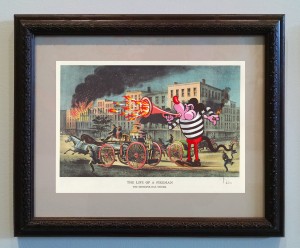 Victor Castillo -  <strong>The Life of a Fireman</strong> (2017<strong style = 'color:#635a27'></strong>)<bR /> gouache on paper in vintage frame, 
Framed: 13.87 x 11.25 inches,
(35.22 x 28.57 cm)
