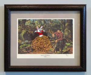 Victor Castillo -  <strong>Mink Trapping</strong> (2017<strong style = 'color:#635a27'></strong>)<bR /> gouache on paper in vintage frame, 
Framed: 13.87 x 11.25 inches,
(35.22 x 28.57 cm)