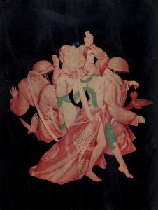 João Ruas -  <strong>Dancers</strong> (2017<strong style = 'color:#635a27'></strong>)<bR /> acrylic on Fabriano and wood,
33.5 x 17.7 inches,
(85 x 45 cm)