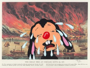 Victor Castillo -  <strong>The Great Fire at Chicago</strong> (2017<strong style = 'color:#635a27'></strong>)<bR /> gouache on paper in vintage frame, 
Framed: 13.87 x 11.25 inches,
(35.22 x 28.57 cm)
$1,200