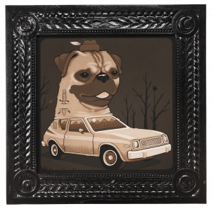 Jeremy Fish -  <strong>1974 AMC Pug Gremlin</strong> (2017<strong style = 'color:#635a27'></strong>)<bR /> acrylic on wood, 
32 x 32 inches, 
$5,500