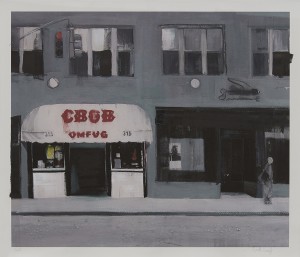 Brett Amory -  <strong>CBGB (Waiting #243) (edition of 25)</strong> (2017<strong style = 'color:#635a27'></strong>)<bR /> giclee hand embellished with acrylic and street diamonds on #300 Italian cold press watercolor paper,
24 x 26 inches,
(60.9 x 66 cm)
$300