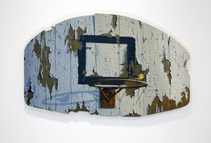 Josh Tiessen (First Place Winner) -  <strong>Defending The Paint</strong> (2004<strong style = 'color:#635a27'></strong>)<bR /> oil on braced baltic birch,
20 x 32 inches,
$9,500