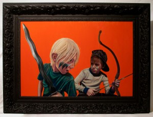 Jeremy Burks -  <strong>Savage Lands XVII (Finn and Elliot)</strong> (2014<strong style = 'color:#635a27'></strong>)<bR /> varnished colored pencil and enamel on birch panel,
24 x 36 inches (framed: 32 x 44 inches),
$5,000