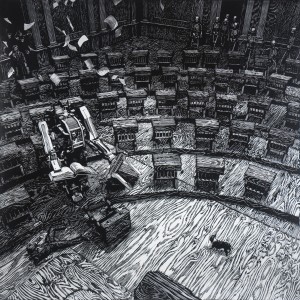John Jacobsmeyer -  <strong>Senate Camera 1 (edition of 15)</strong> (2015<strong style = 'color:#635a27'></strong>)<bR /> Woodcut on Gampi,
28 x 28 inches, 
(71.1 x 71.1 cm)
$750