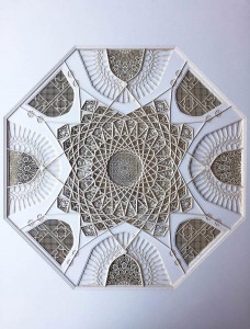 Julia Ibbini (Second place winner) -  <strong>Untitled Study (Sultan)</strong> (2017<strong style = 'color:#635a27'></strong>)<bR /> laser cut paper over metallic insets,
27.5 x 39 inches