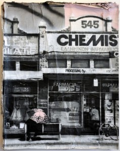 Kirpy -  <strong>Sydney Road (edition of 3)</strong> (2017<strong style = 'color:#635a27'></strong>)<bR /> spray paint and acrylic on used event posters,
56 x 44 inches,
$2,400