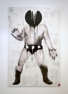 Thomas Robert Meyers -  <strong>Wrestler #3</strong> (2017<strong style = 'color:#635a27'></strong>)<bR /> photographs, oil pigment, wood panel,
48 x 52 inches,
$2,950