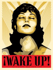 Shepard Fairey -  <strong>Wake Up! Cream (Artist Proof of sold out edition of 300)</strong> (2017<strong style = 'color:#635a27'></strong>)<bR /> screen print,
24 x 18 inches, 
(60.9 x 45.7 cm)
$250