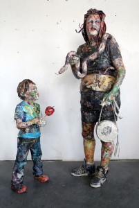 Will Kurtz -  <strong>Adam and Eve at Coney Island</strong> (2016<strong style = 'color:#635a27'></strong>)<bR /> wood, wire, plaster, newspaper, tape, glue and varnish,
66 x 30 x 50 inches