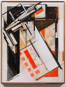 Augustine Kofie -  <strong>Compact Test</strong> (2017<strong style = 'color:#635a27'></strong>)<bR /> Found paper, acrylic, screen-print, ball point pen, graphite and white-out on cradled birch panel. 
Sealed in archival matte varnish. Finished in satin varnish. 
Framed by artist with mahogany stained pine and found yardsticks.
14 x 18 x 1.75 inches
$1,500