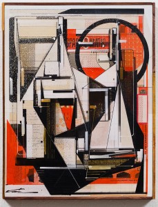 Augustine Kofie -  <strong>Sparc-o-matic</strong> (2017<strong style = 'color:#635a27'></strong>)<bR /> Found paper, acrylic, screen-print, ball point pen, graphite and white-out on cradled birch panel. 
Sealed in archival matte varnish. Finished in satin varnish. 
Framed by artist with mahogany stained pine and found yardsticks.
14 x 18 x 1.75 inches
$1,500